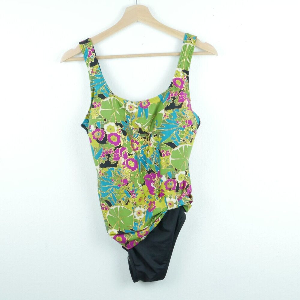 Vintage Size 16 One Piece Swimsuit 90s High Cut Metallic Glam Low Back Floral